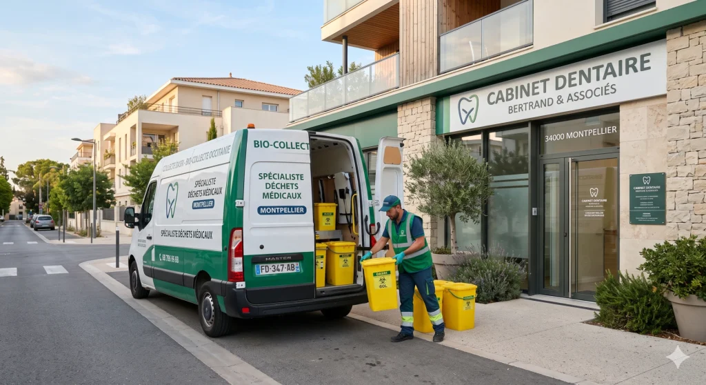 Collecte DASRI près de Montpellier, camionnette et contenants médicaux
