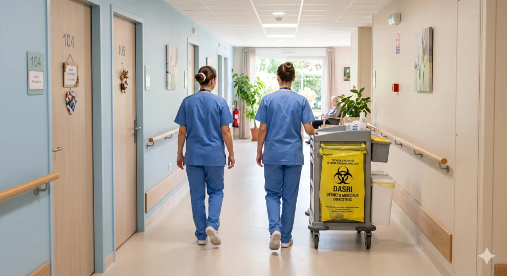Soignantes poussant un chariot de collecte de déchets DASRI dans le couloir d'un EHPAD