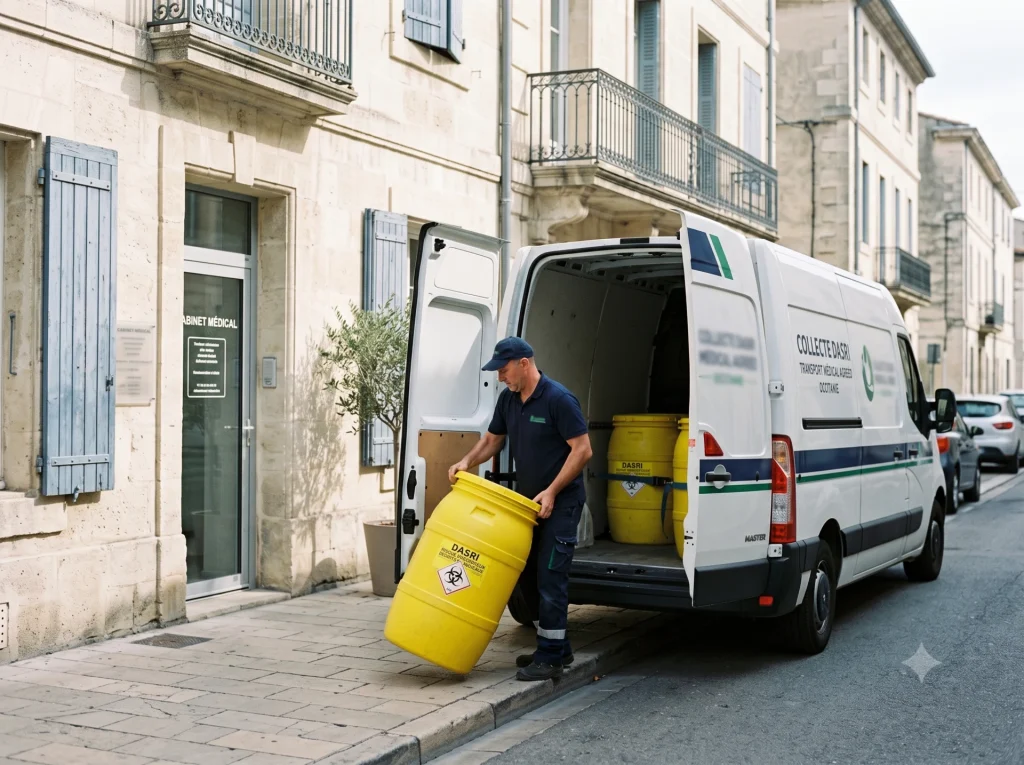 Collecte DASRI dans le Gard : technicien chargeant un fût scellé devant un cabinet médical à Nîmes