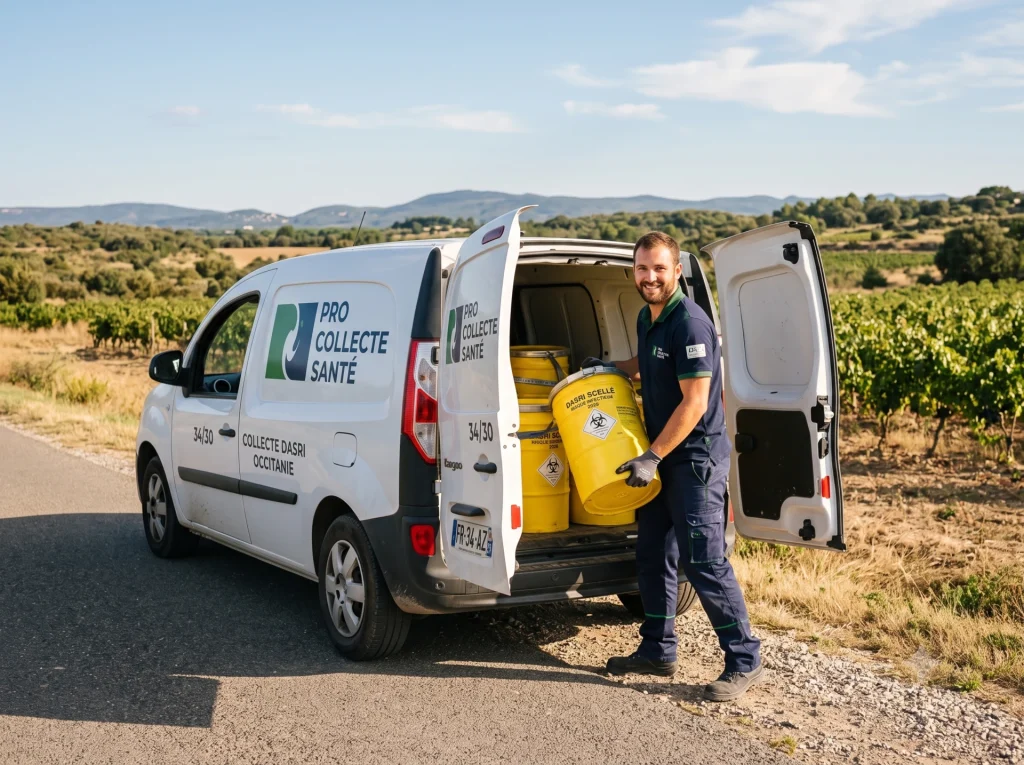 Équipe Pro Collecte Santé devant une camionnette de collecte DASRI à Assas