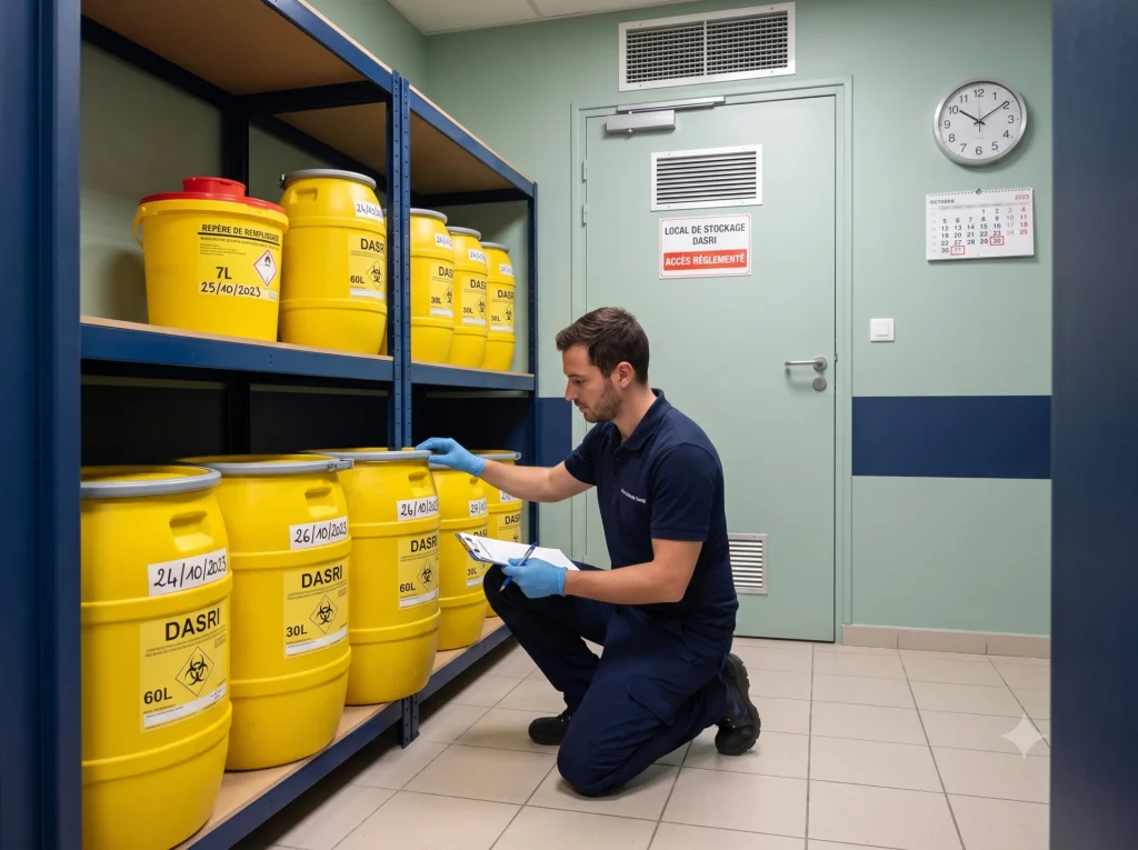 Délais de stockage DASRI : local de stockage avec contenants datés et étiquetés