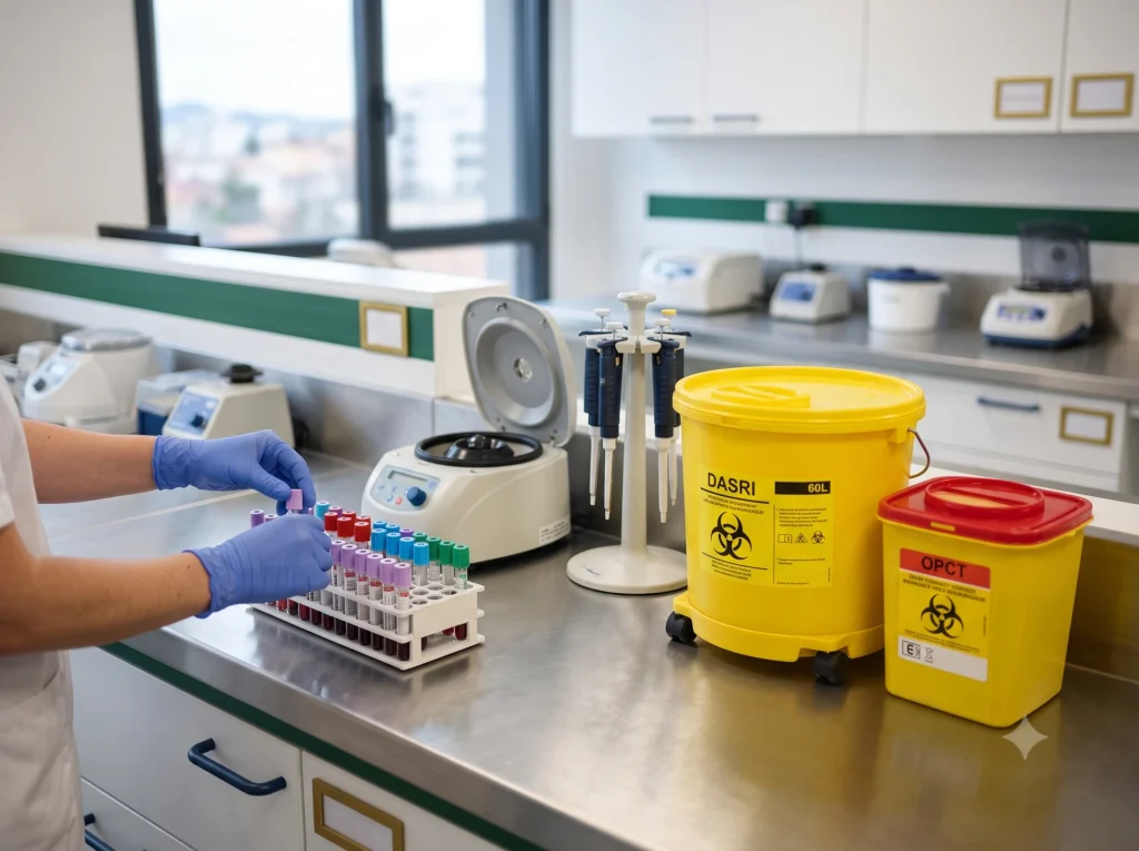 Technicien de laboratoire manipulant des tubes de prélèvement près de contenants DASRI