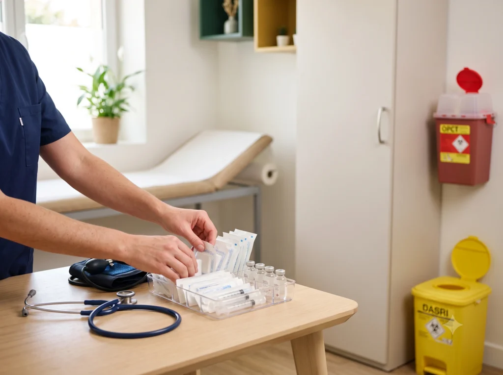 Médecin préparant du matériel de soin à côté d'un collecteur DASRI en cabinet