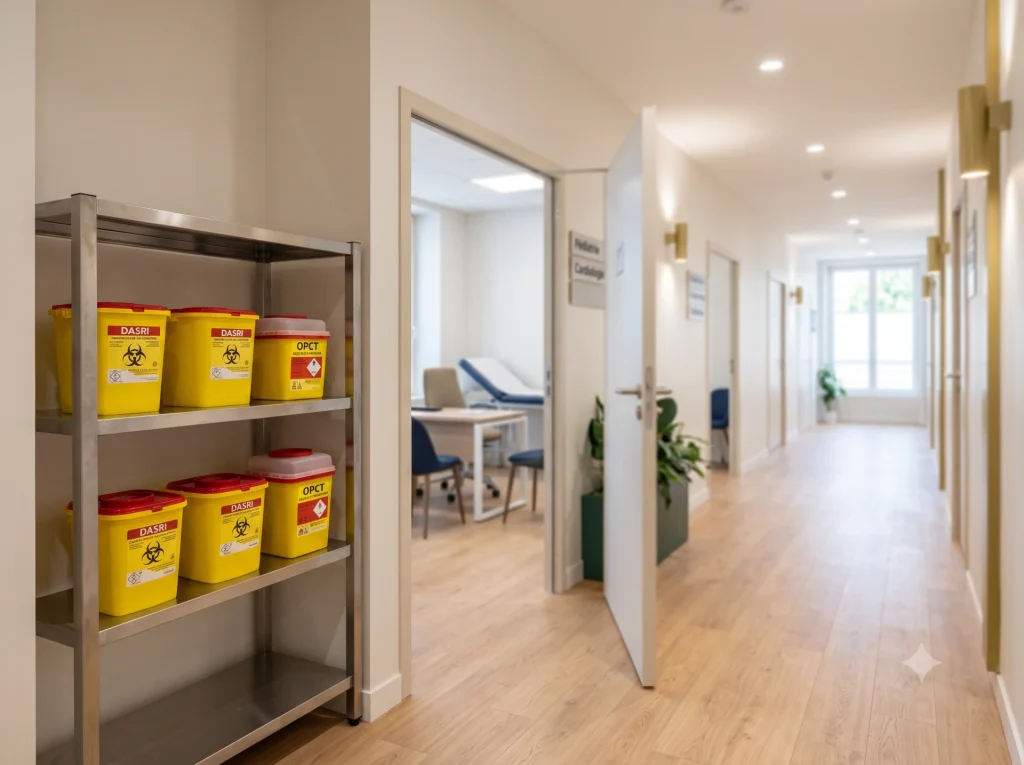 Couloir d'un centre médical pluridisciplinaire avec local de stockage des contenants DASRI