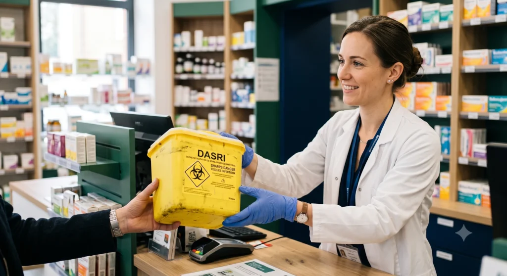 Pharmacienne préparant une vaccination en officine près d'un collecteur DASRI homologué