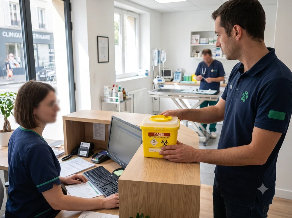 Vétérinaire déposant du matériel piquant dans une boîte DASRI en clinique vétérinaire
